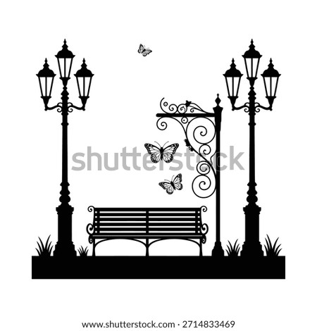 A simple black and white image depicts a park bench with butterflies and street lamps.