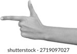 Simple black and white image displaying a human hand making a stylized gun gesture pointing directly forward