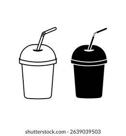 A simple black and white image of a drink in a plastic cup with a straw. Perfect for coffee shops, fast food restaurants, mobile apps.