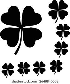 a simple black and white image featuring multiple four leaf clover designs.