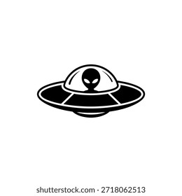 Uma imagem simples, em preto e branco com um OVNI clássico com um alienígena pilotando-o.