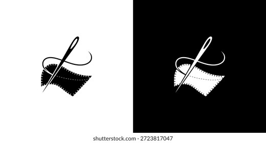 Uma imagem simples em preto e branco com uma agulha, linha e peça de tecido.