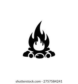 A simple black and white image of a fire burning on a pile of wood with flames rising high