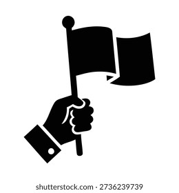 A simple black and white image of a hand grasping a flagpole with a waving flag attached