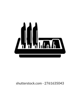 A simple black and white image of a kitchen knife block with several knives