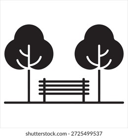 uma imagem simples em preto e branco de um banco de parque e duas árvores