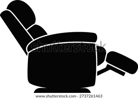 A simple black and white image of a recliner chair with its footrest out