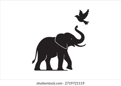 Einfaches Schwarz-Weiß-Bild, das einen Elefanten und einen Vogel in einer schönen Szene zeigt.