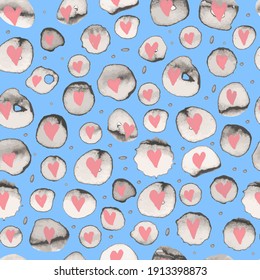 Simple black and white ink droplets with alternating smudged hearts. Handmade illustration, ink, watercolor. Scandinavian style, wallpaper, fabric, textile, wrapping paper design. Uneven drops
