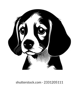 A simple black and white ink style portrait of a Beagle Hound pedigree dog.
