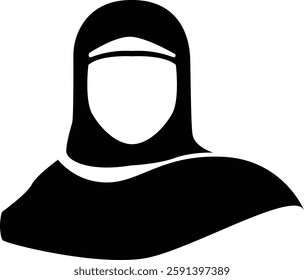 Simple black and white Islamic icon of a Muslim woman wearing a hijab. Minimalist vector illustration suitable for web, apps, branding, and graphic design projects