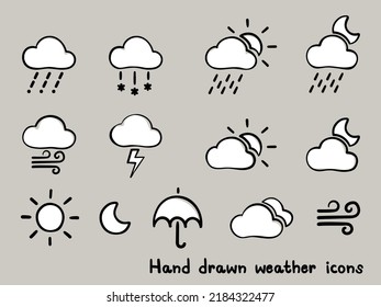 simple black and white isolated childish hand drawn lines, doodle of weather forecast symbols for icons, banner, label, button, background, wallpaper, web, cover etc. vector design.