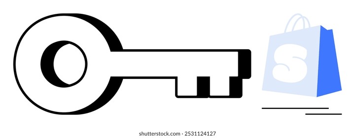 Llave simple en blanco y negro junto a una bolsa de compras azul con el logo en S. Ideal para comercio electrónico, seguridad en línea, compras digitales, control de acceso y conceptos de venta minorista modernos. Estilo minimalista