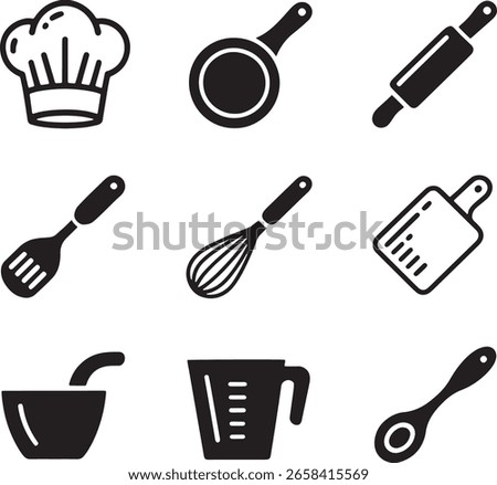 Simple Black and White Kitchen Utensils and Equipment Icons.