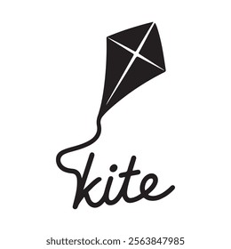 Simple black and white kite graphic design. A clean, bold graphic of a kite in flight, perfect for playful or whimsical designs.