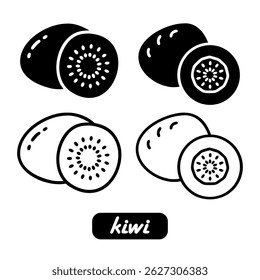Simple black and white kiwi fruit illustration showing whole and sliced sections on a white background
