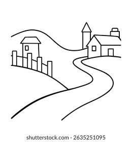 Simple black and white landscape depicting rolling hills houses and winding road