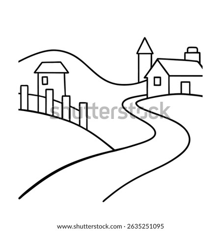 Simple black and white landscape depicting rolling hills houses and winding road