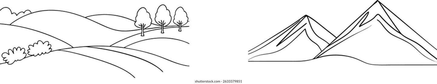 Simple black and white landscape illustration of hills, trees, and mountain peaks
