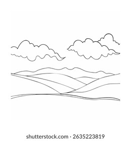 Simple black and white landscape illustration featuring rolling hills and cloudy sky elements