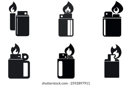 Simple Black and White Lighters Icons Set