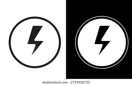 Icono simple del relámpago blanco y negro dentro de un círculo, que representa el poder, la velocidad o la carga
