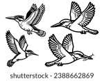 simple black and white line art illustration features a kingfisher bird, flying, catching fish, only black color with transparent or negative space