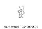 Simple black and white line art of a bear teacher holding a pointer and book. Fun cartoon style illustration, perfect for children’s content and educational materials.