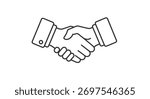 A simple black and white line art icon of two hands in a firm handshake, symbolizing agreement, partnership, and business deals. The minimalist design is isolated on a white background.