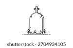 A simple black and white line art illustration of a weathered gravestone with a cross on top for a minimalist Halloween or memorial design.