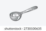 A simple black and white line art illustration of a metal measuring spoon for cooking or baking ingredients on a plain background.
