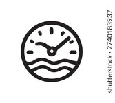 A simple black and white line art icon of a tide clock. This hand-drawn doodle shows the time and wavy water lines for nautical or weather concepts.