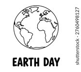 A simple black and white line art vector illustration of the planet Earth with the text 