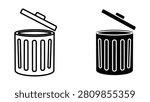 Simple black and white line art illustration of two closed cylindrical trash cans with lids and handles.