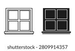 Simple black and white line art illustration of two minimalist window outlines with four panes and a sill.