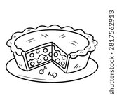 A simple black and white line art drawing of a baked cherry pie with a slice cut out and two cherries on a plate