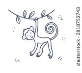 A simple black and white line art illustration of a cheerful little monkey hanging from a leafy branch with a curled tail.