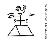 A simple black and white line art drawing of a rooster weather vane mounted on a stylized house roof with the letters 3 and Z visible