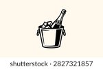 Simple black and white line art of sparking wine bottle chilling in metal pail with ice cubes for celebration.