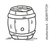 A simple black and white line art drawing of a rustic wooden cask or barrel with metal hoops used for storage of wine or liquid.