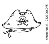 A simple black and white line art illustration of a classic pirate hat featuring a skull and crossbones design.