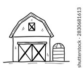 A simple black and white line art drawing of a classic farmhouse building with a large barn door and a circular grain silo attached.