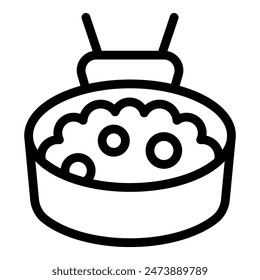Simple black and white line art of a bowl of white rice with chopsticks resting on top