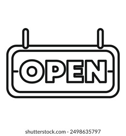 Simple black and white line art of an open sign hanging, indicating a shop or business is open for customers