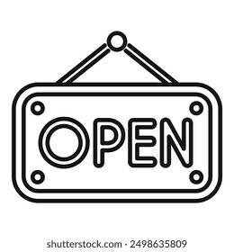 Simple black and white line art of an open sign hanging, indicating a shop or business is open for customers