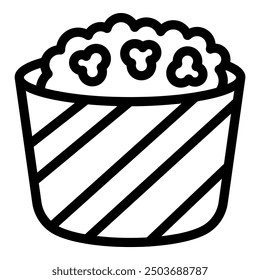 Simple black and white line art illustration of a striped bucket overflowing with delicious popcorn