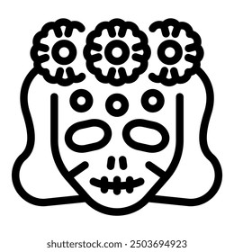 Simple black and white line art illustration of a sugar skull wearing a flower crown