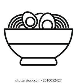 Simple black and white line art illustration of a bowl of ramen noodles with eggs