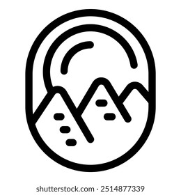 Simple black and white line art icon depicting a mountain landscape with the sun above