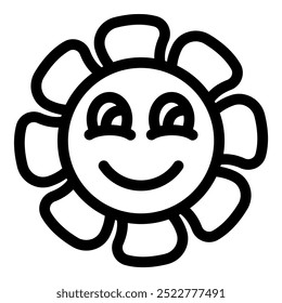 Ilustración simple del arte de la línea en blanco y negro de una flor sonriente con ojos grandes